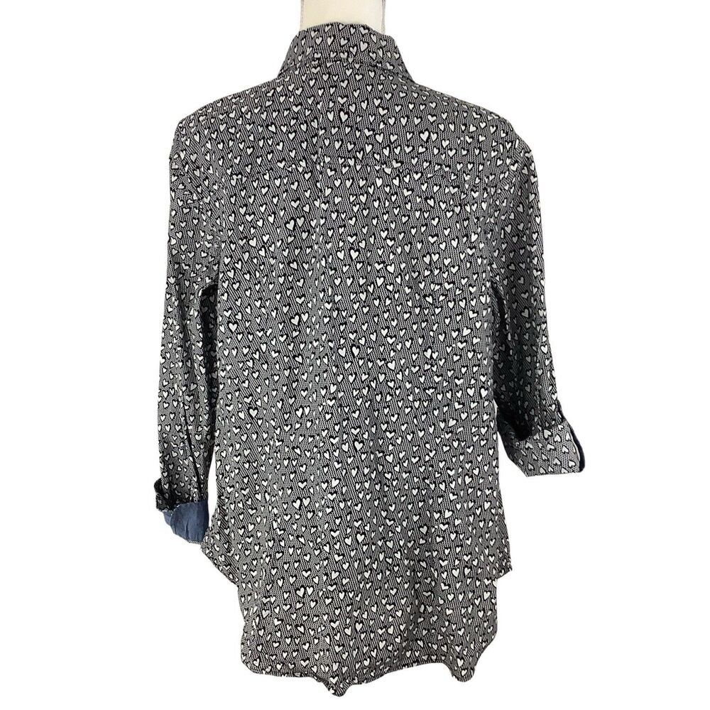 Talbots Button Front Shirt Top Heart Print Roll Tab Sleeve Women 14W Black White - Picture 13 of 15